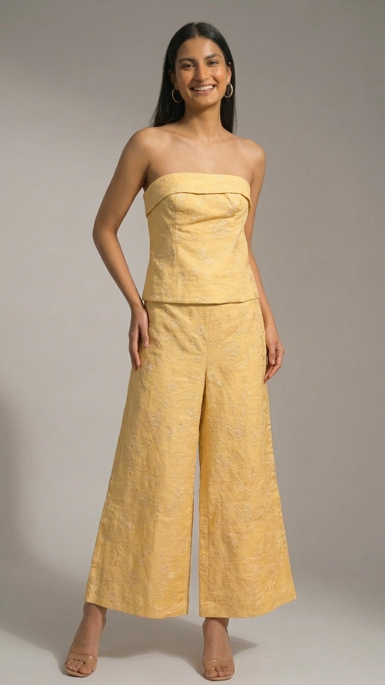 Yellow Thread Embroidered Tube Co-Ord Set