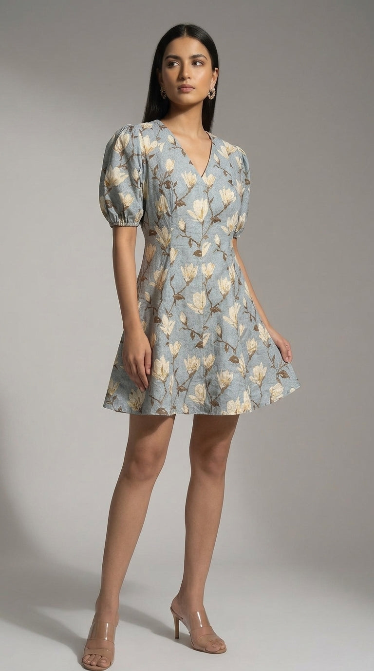 Cream and Blue Floral Short Dress