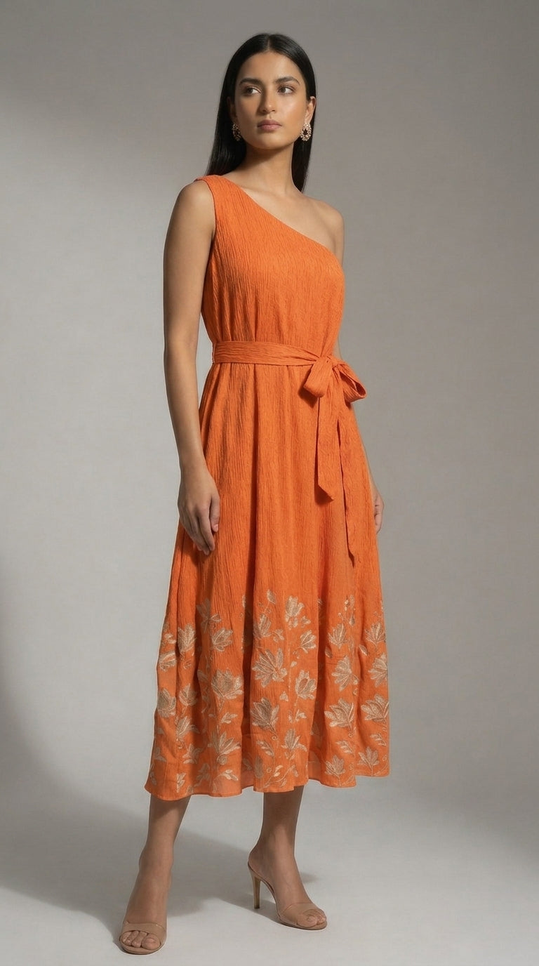 Embroidered One Shoulder Dress