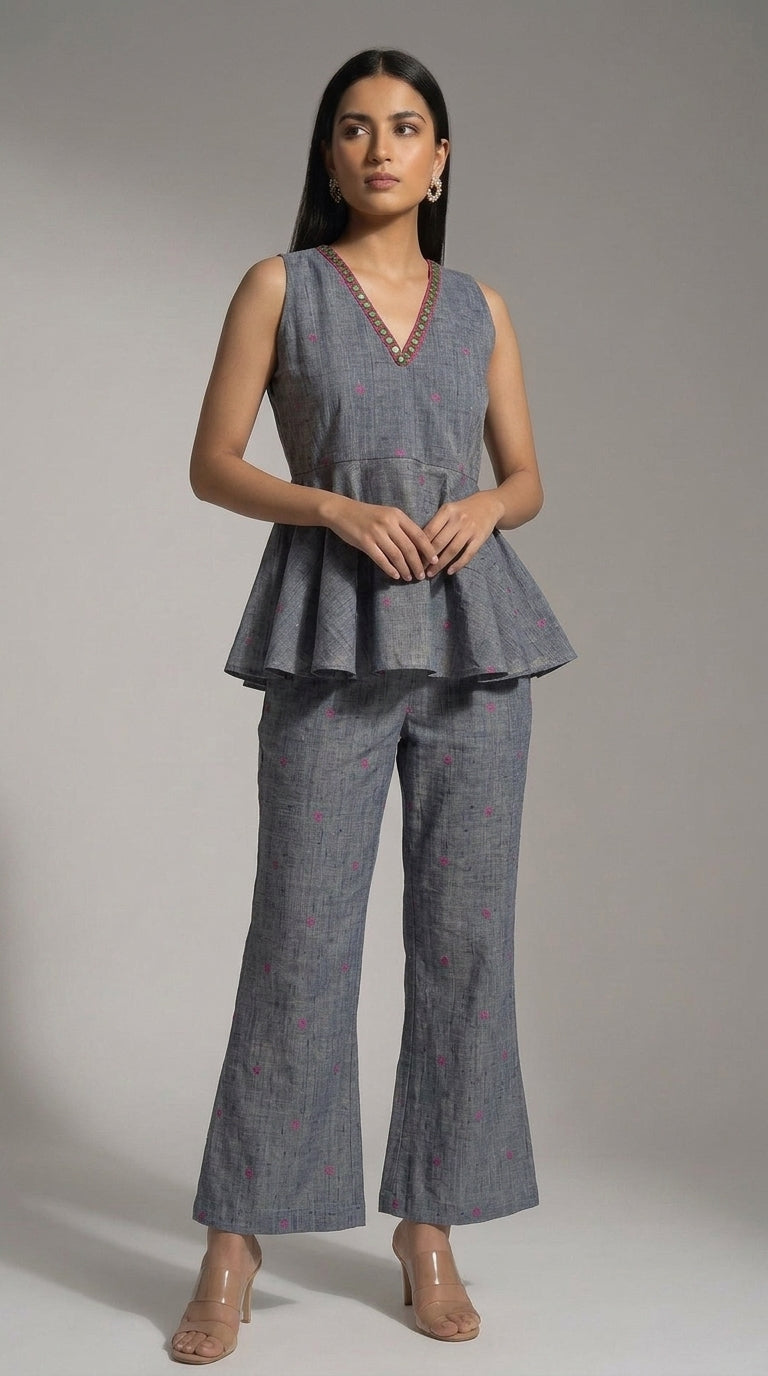 Grey Mirrorwork Peplum Top