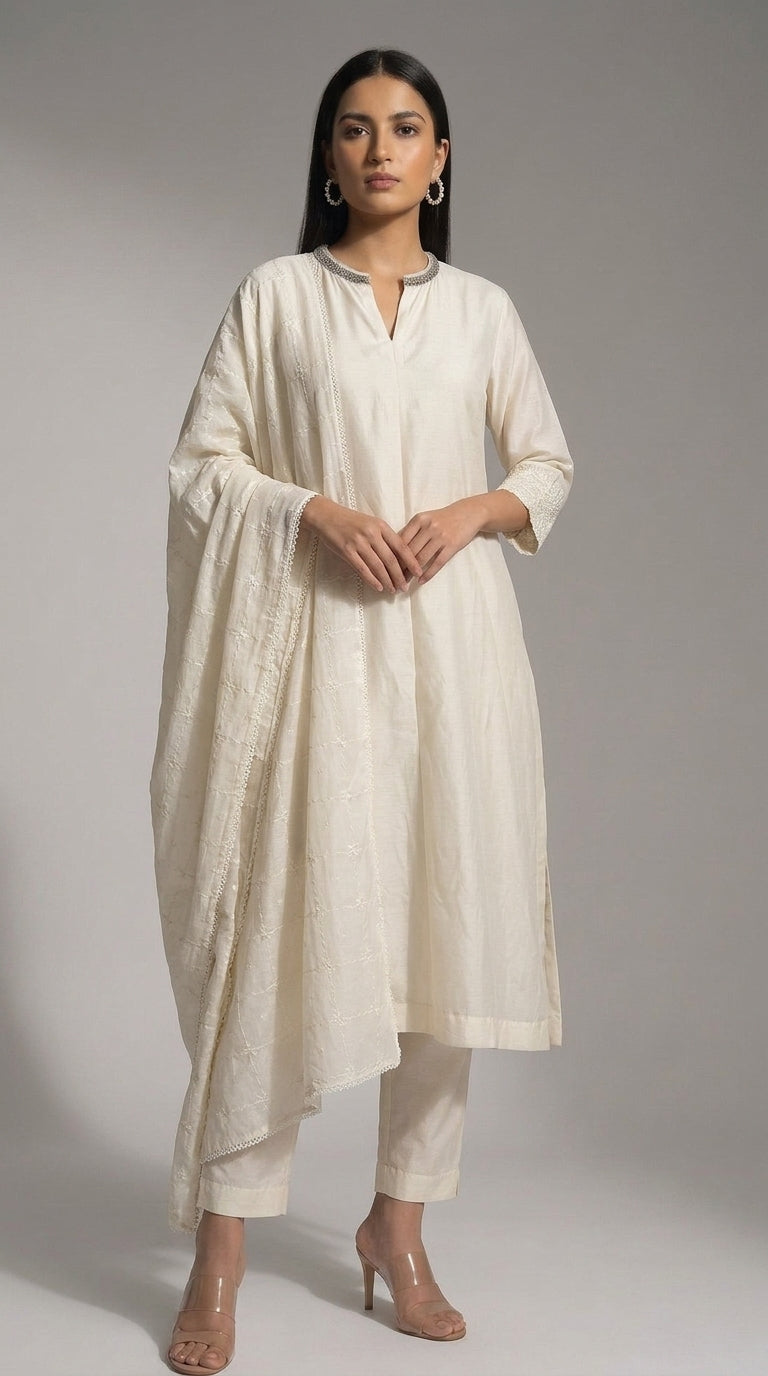 White & Silver Embroidered Kurti Set