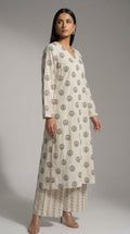 Cream & Grey Embroidered Kurti With Pants