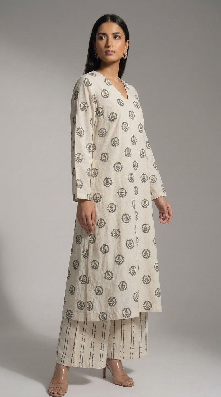 Cream & Grey Embroidered Kurti With Pants