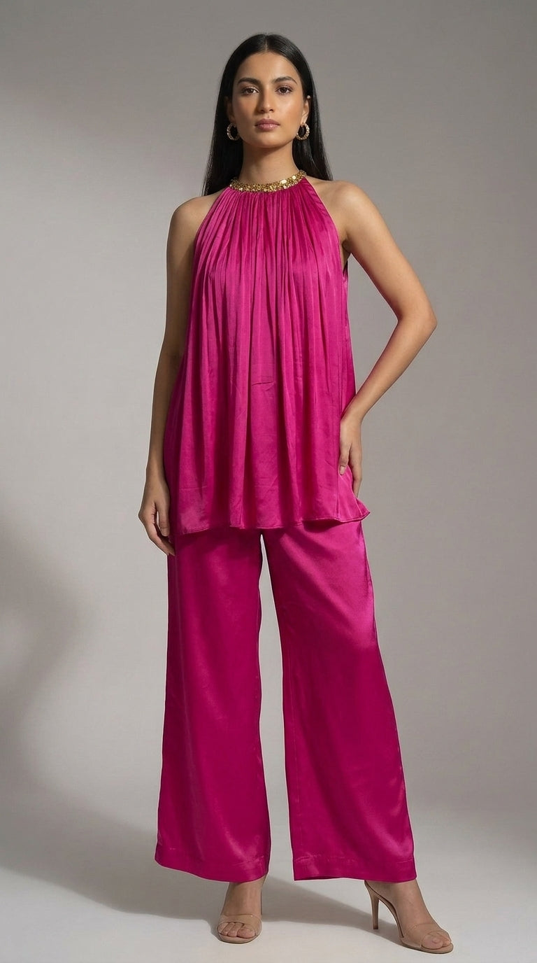 Pink Satin Ruffle Set