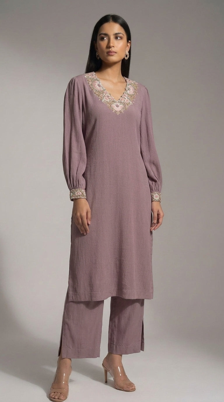 Lavender Handwork Kurti with Pants