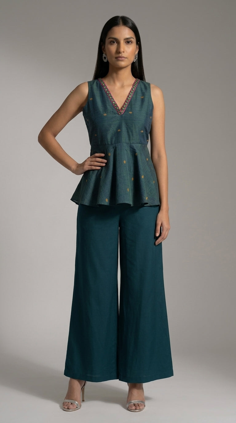 Teal Green Mirror Work Peplum Top