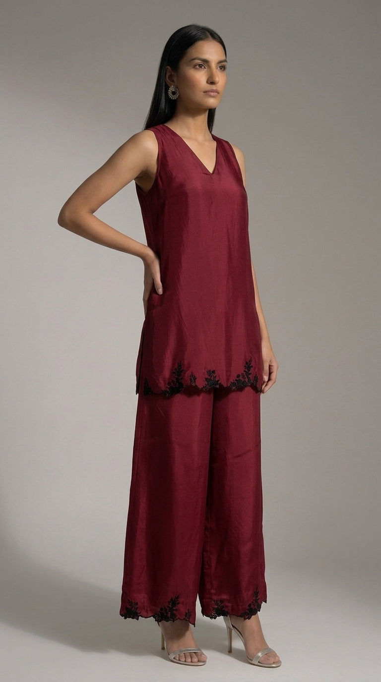Maroon Organza Set With Black Thread Embroidery