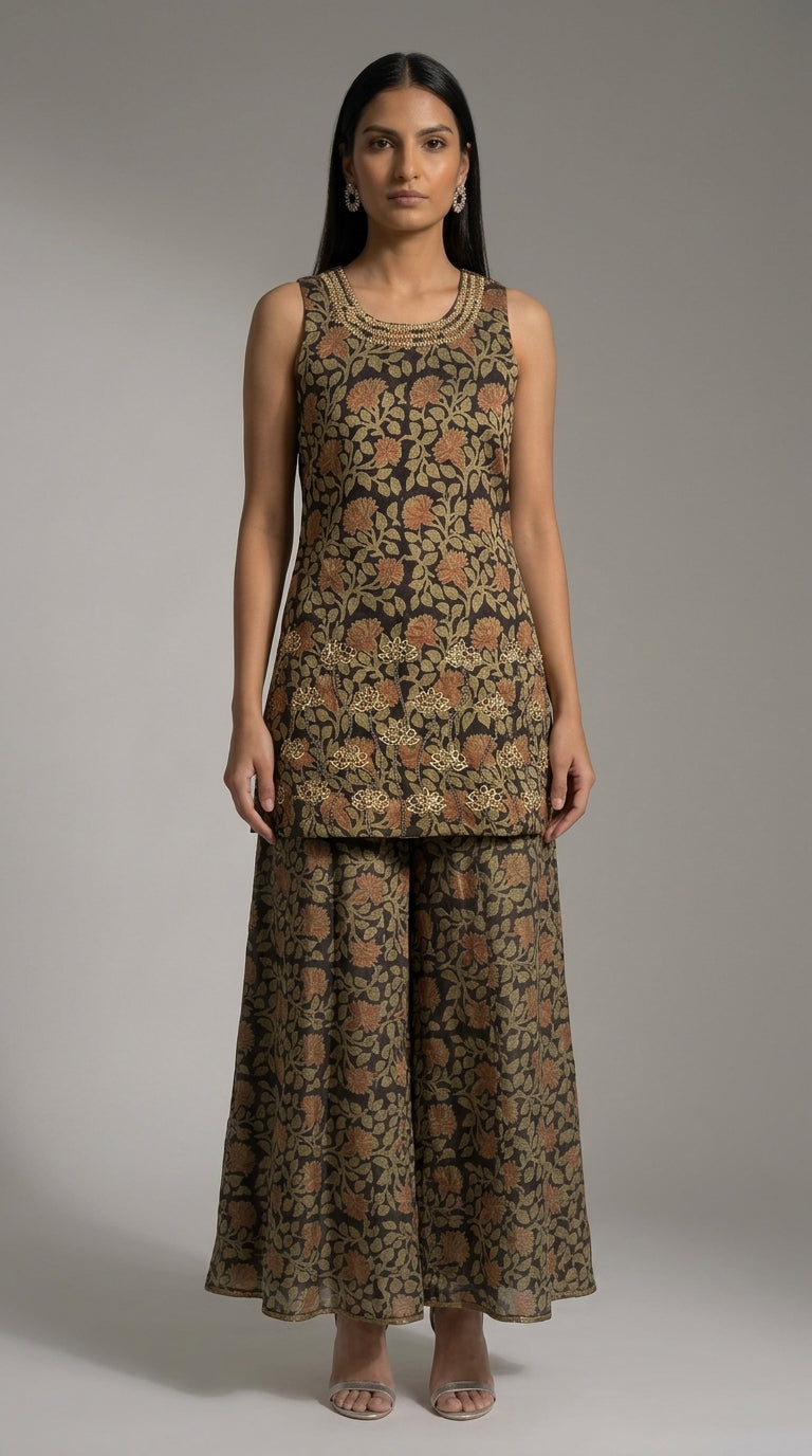 Green & Black Printed Sharara Set With Hand Embroidery