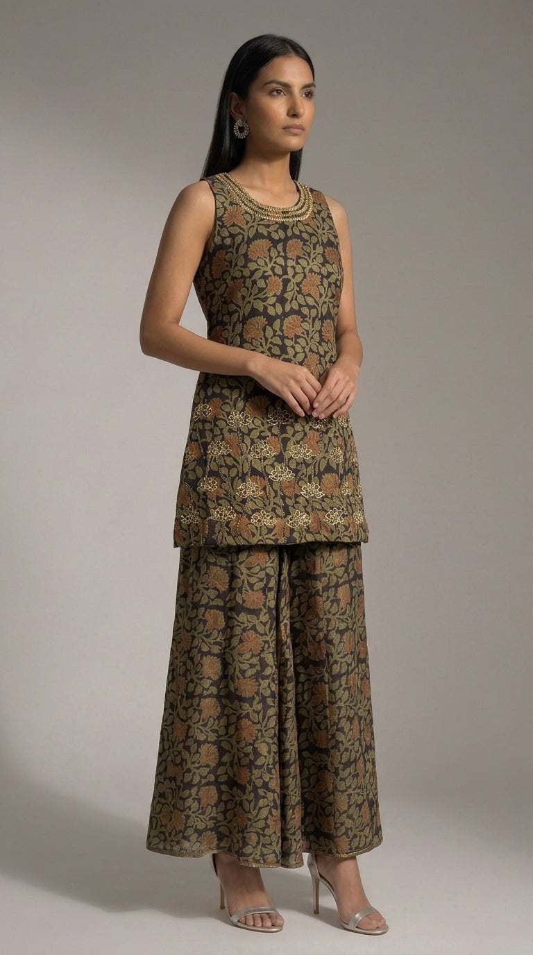 Green & Black Printed Sharara Set With Hand Embroidery