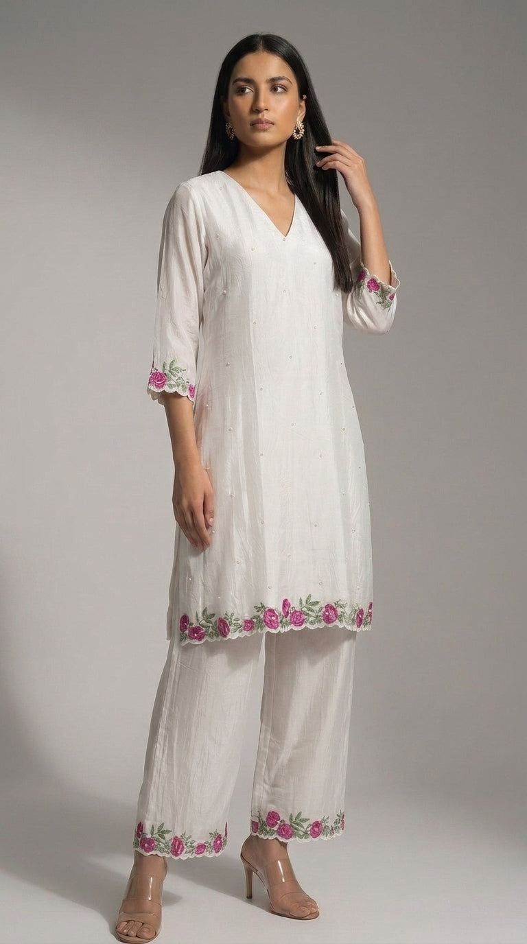 White & Pink Embroidered Kurti Set