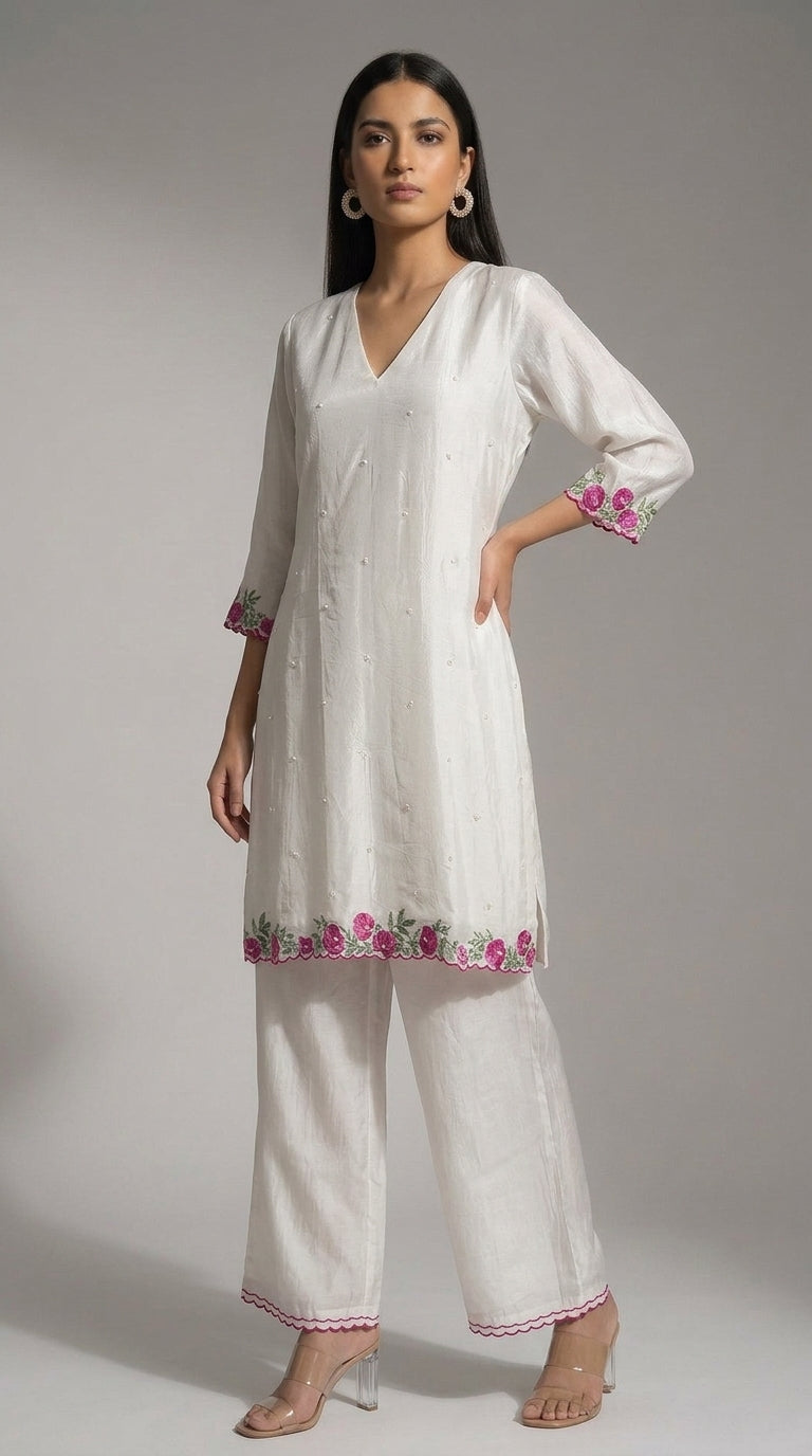 White & Pink Embroidered Kurti Set
