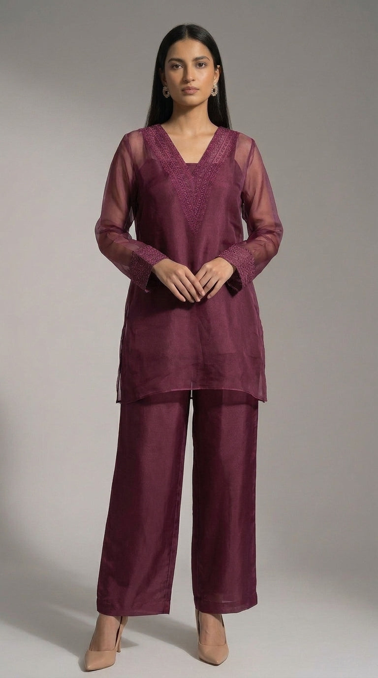 Wine Organza Embroidered Set