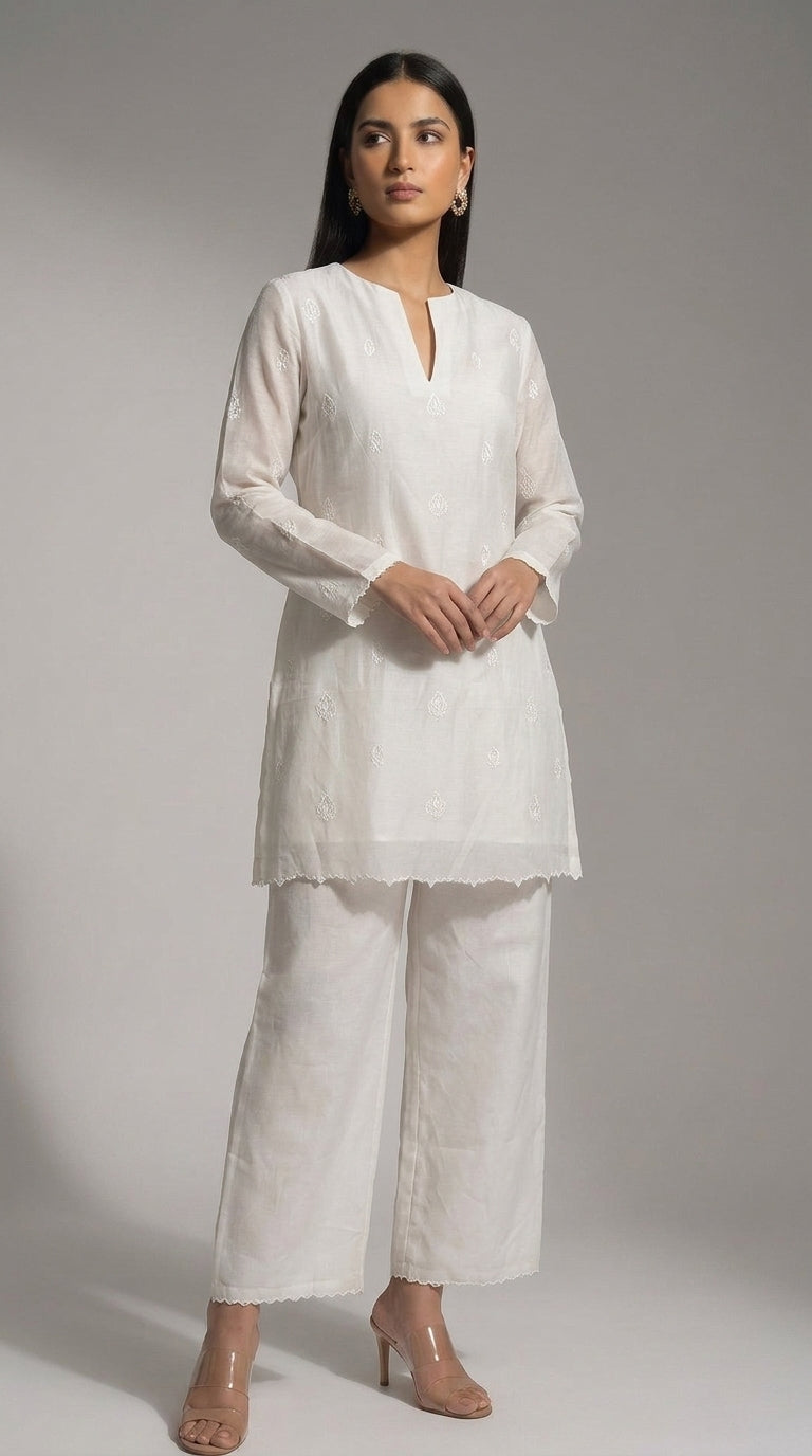 White Self Embroidered Kurti & Pants