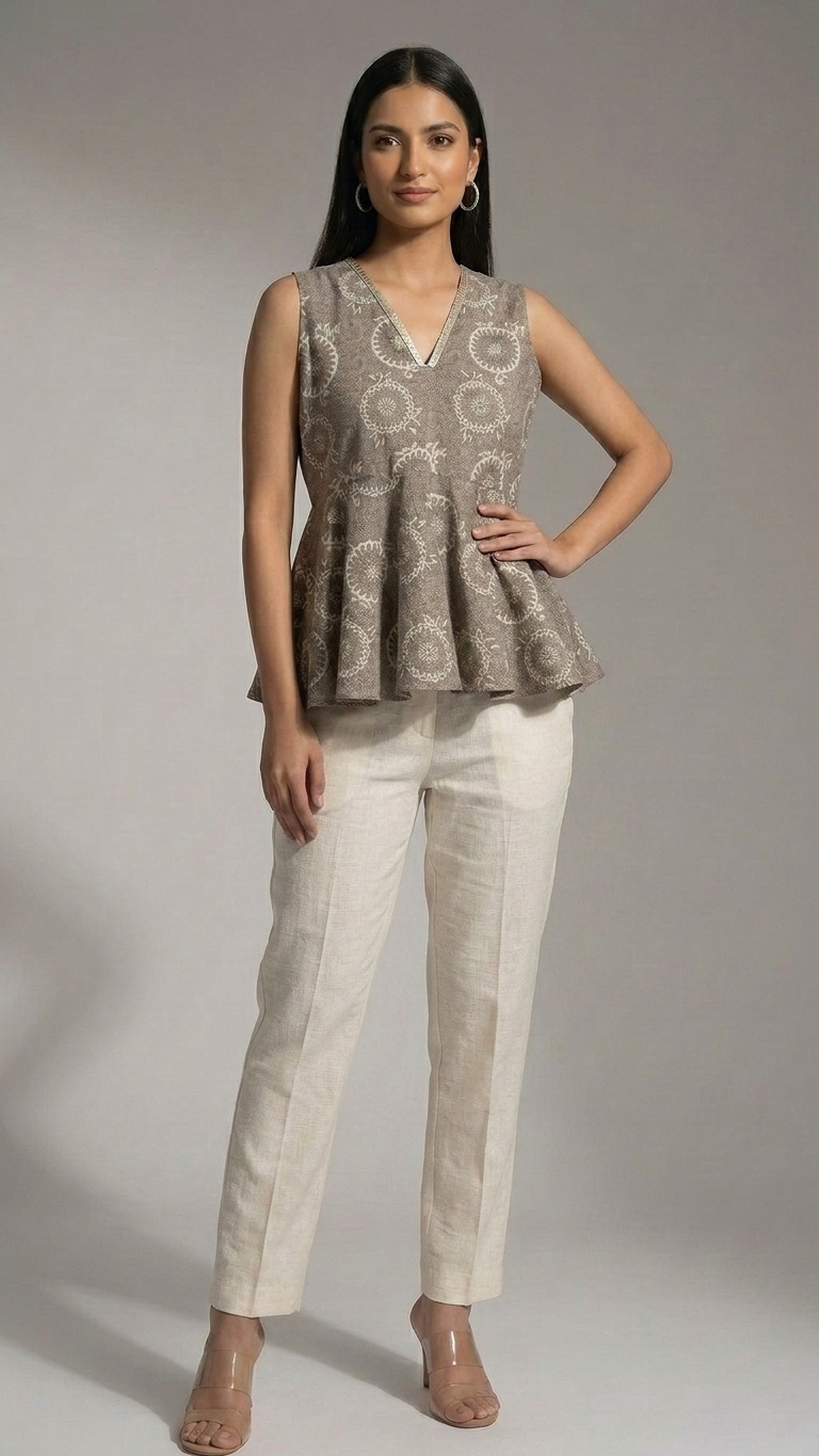 Grey Sleeveless Printed Peplum Top