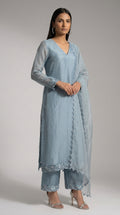 Blue Organza Embroidered Kurti Set