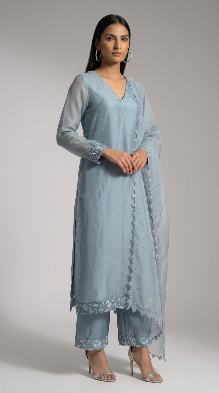 Blue Organza Embroidered Kurti Set