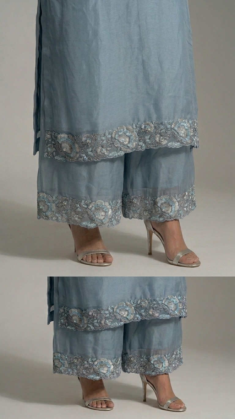 Blue Organza Embroidered Kurti Set