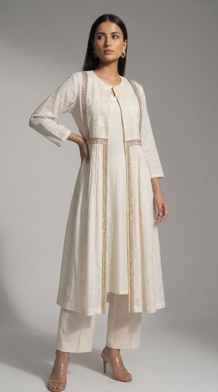 Off White Threadwork Kurti Set