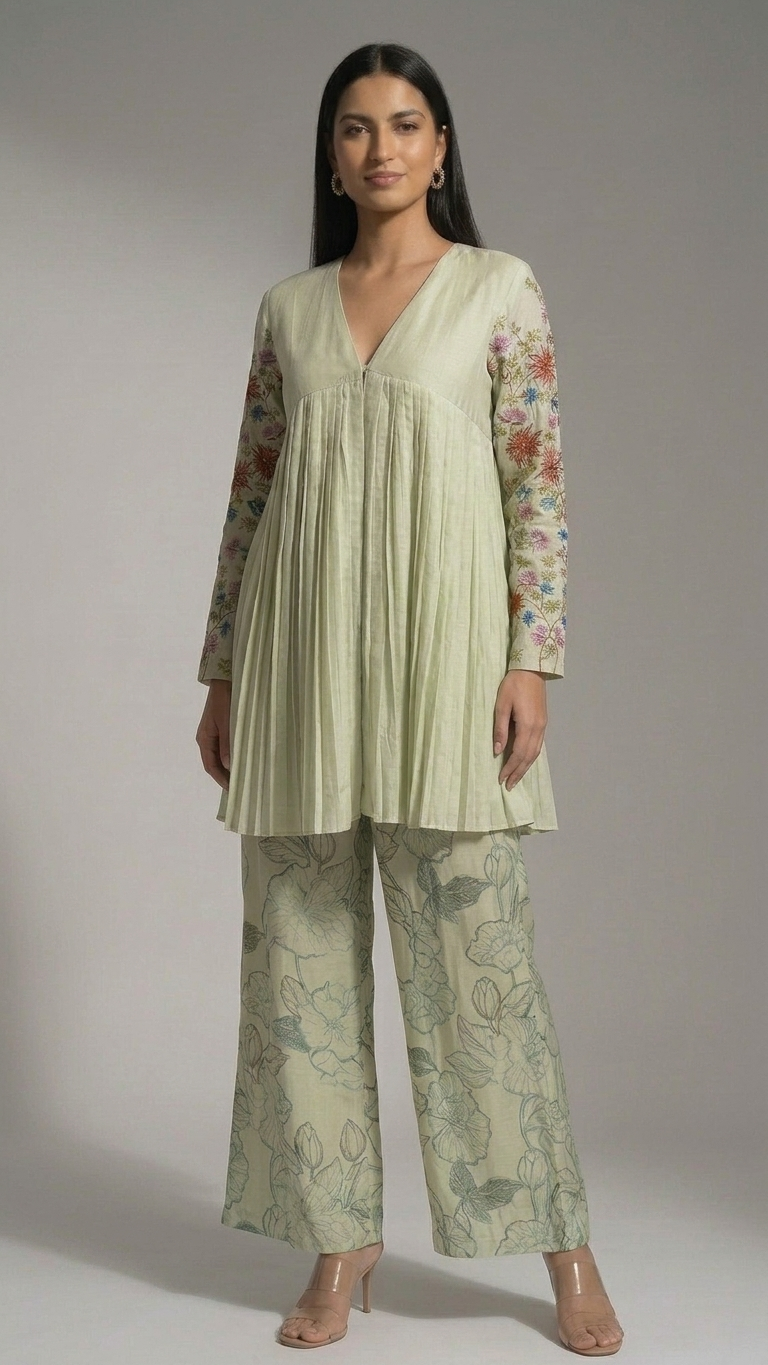 Pastel Green Thread Embroidered Sharara Set