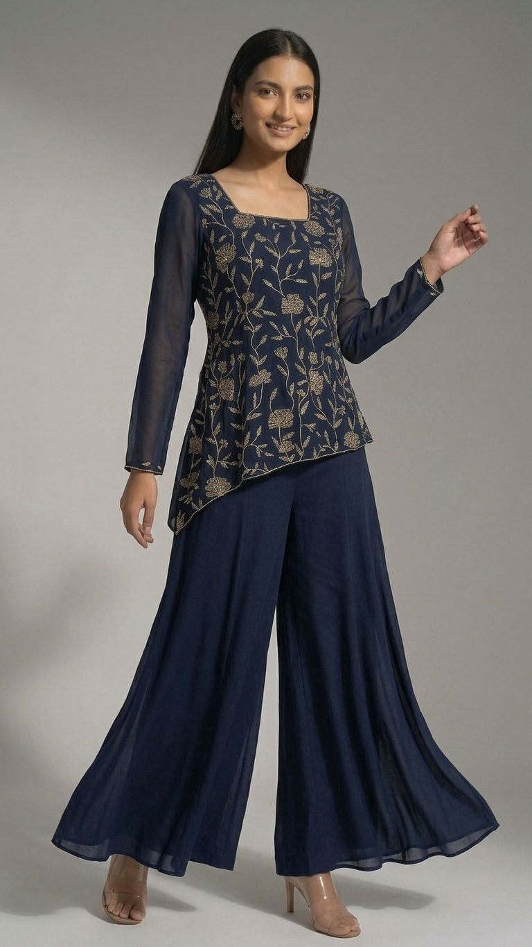 Navy Blue Hand Embroidered Sharara Set