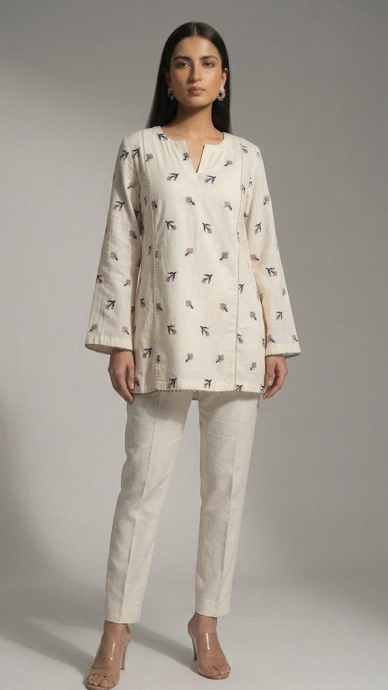 Cream Floral Knot Work Short Kurti